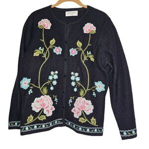 Casual Corner Annex Petite Boiled‎ Wool Floral Embroidery Cardigan Sweater LP